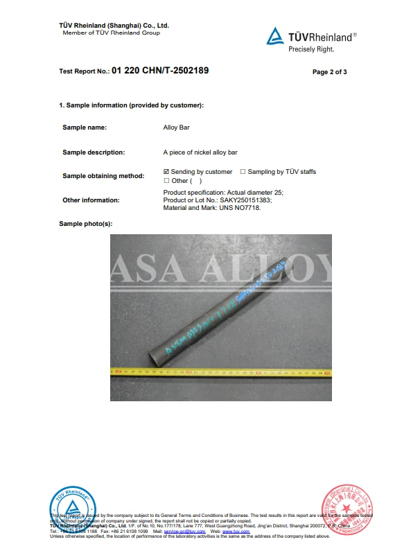 Inconel 718 bar test sample identification report