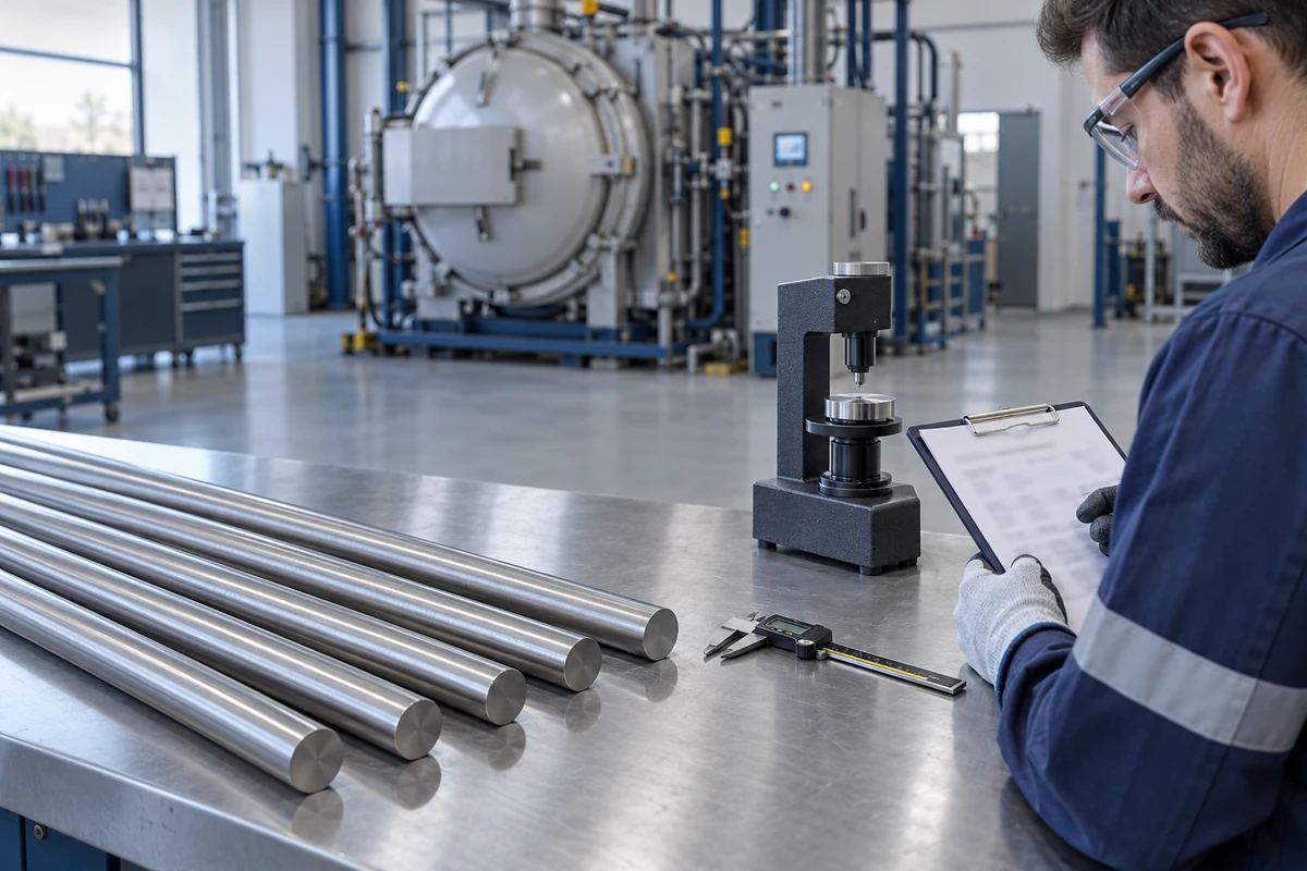 Technician reviewing ASTM B446 requirements for Inconel 625 round bars