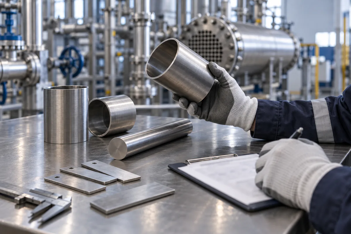 Engineer inspecting nickel alloy pipe, bar and plate samples for Alloy 625 and C276 material selection