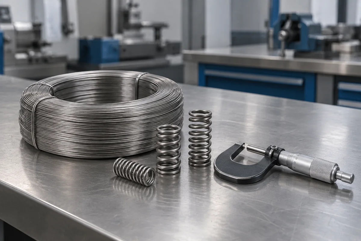 Illustration of a wire coil, compression springs and an outside micrometer on a workbench
